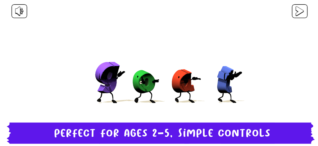 ABC Dance - 白い背景で踊る4つのカラフルなアニメーション文字。シンプルなコントロールと2〜5歳向けと書かれたバナーが表示されています。