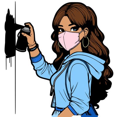 realistic girl with mask spray painting a wall