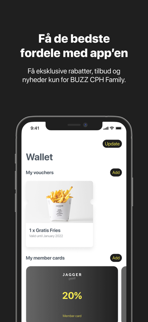 BUZZ CPH - BUZZ CPH app wallet screen displaying food vouchers and member discount cards