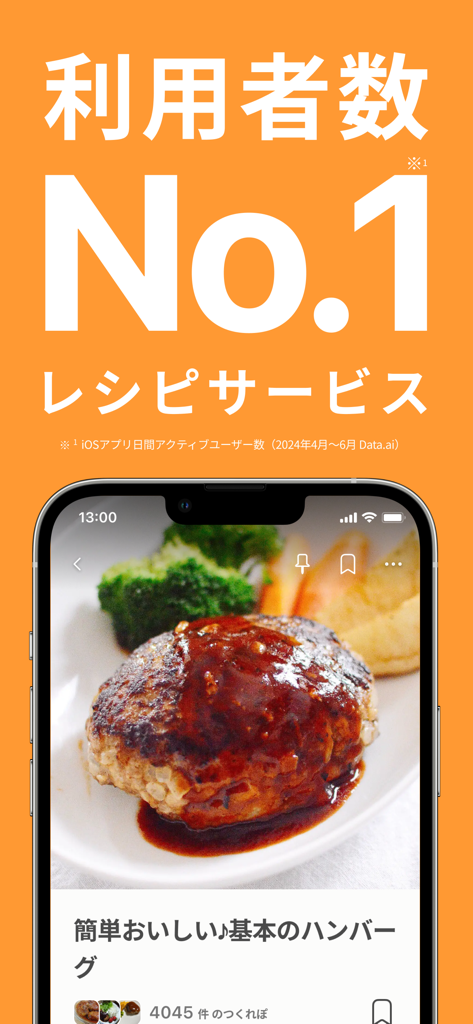 Cookpad mobile app screen displaying a popular Japanese hamburger steak recipe and text identifying it as the number one recipe service