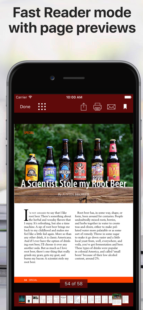 A mobile interface of a PDF reader app showing a document in fast reader mode with page previews at the bottom