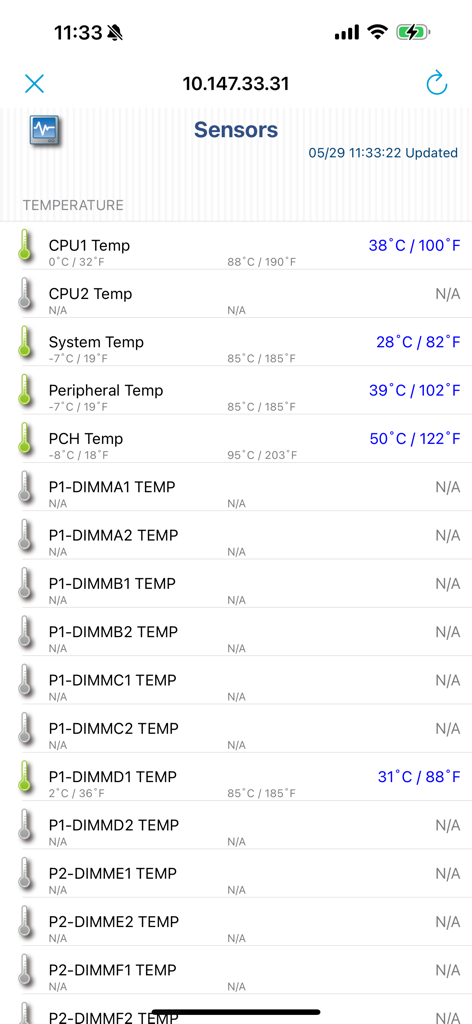 Dashboard of the Supermicro IPMIView app displaying real time server hardware temperature sensor data for CPU and system components