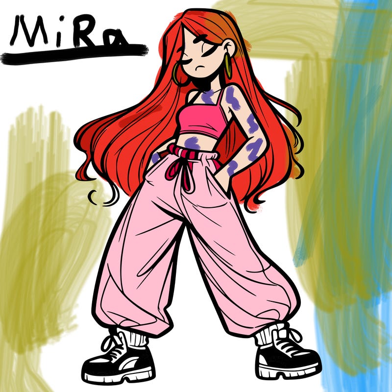 girl in baggy pants crop top and long hair