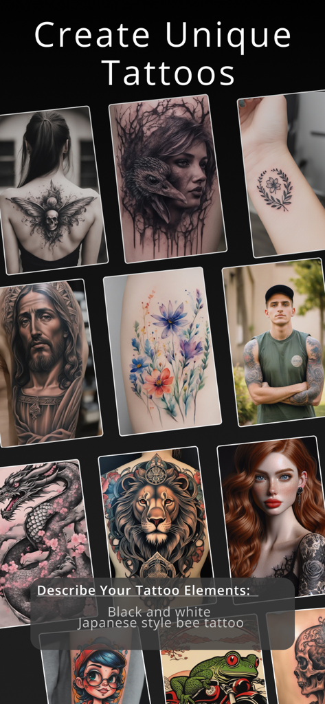 Uma galeria de designs de tatuagem únicos gerados por IA em vários estilos, incluindo retratos realistas, padrões florais e motivos de animais.