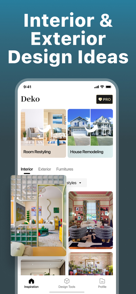Deko: AI Home Design & Remodel - Deko mobile app displaying interior and exterior design ideas for room restyling and home remodeling
