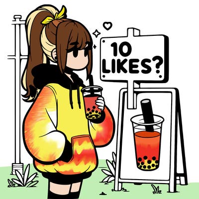 girl with oversized hoodie drinking boba and she has a high ponytail with a sign that says 10likes?