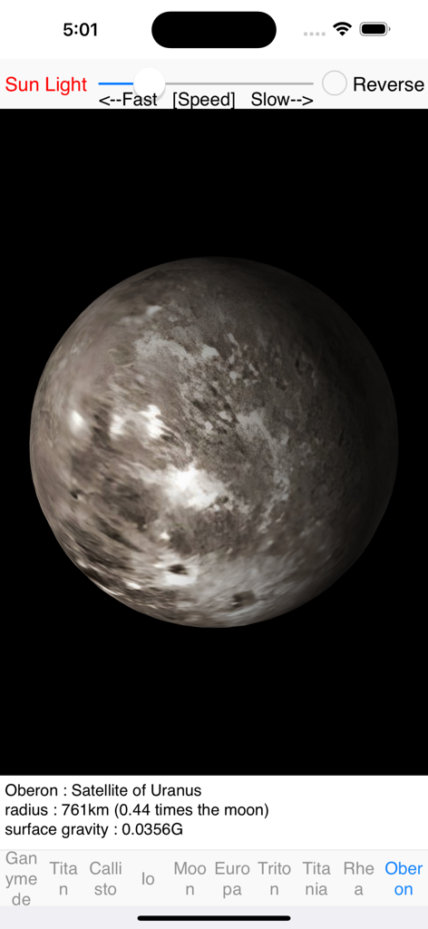 Satellite Rotation - 3D model of Oberon satellite showing planetary data and rotation controls