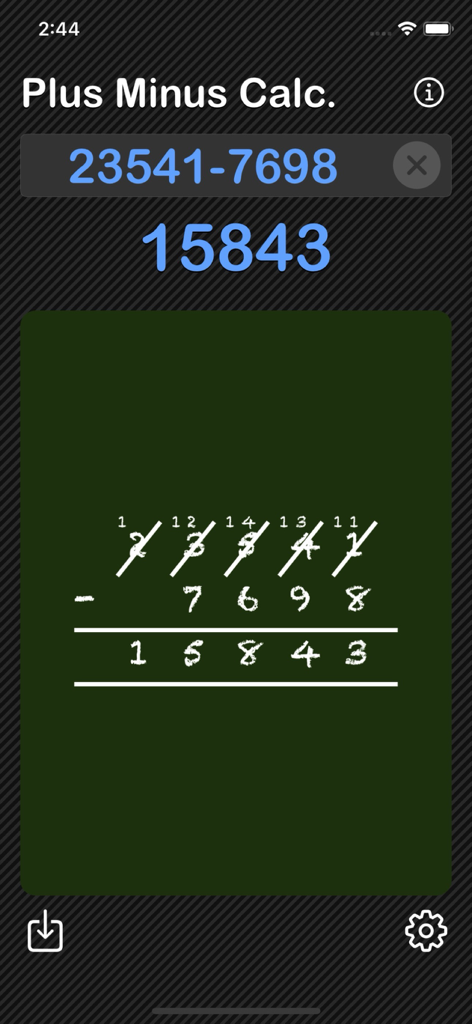 Plus Minus Calculator - Calculadora Mais Menos mostrando um problema de subtração vertical com etapas de reagrupamento