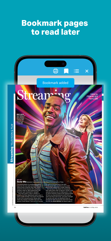 Radio Times Magazine - Smartphone displaying the Radio Times Magazine app with a bookmark added notification on a Doctor Who article page