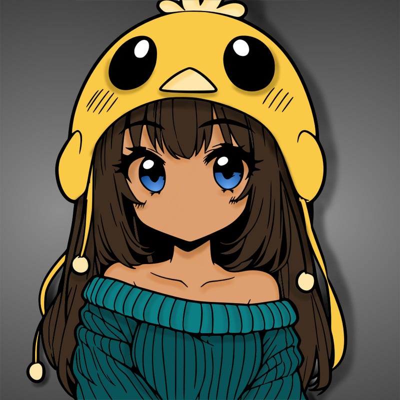 anime girl with chick shaped hat with sweater with bare shoulders with bangs covering them one eye with low tail