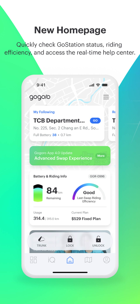 Gogoro® - Gogoro app homepage showing battery level riding efficiency and scooter controls
