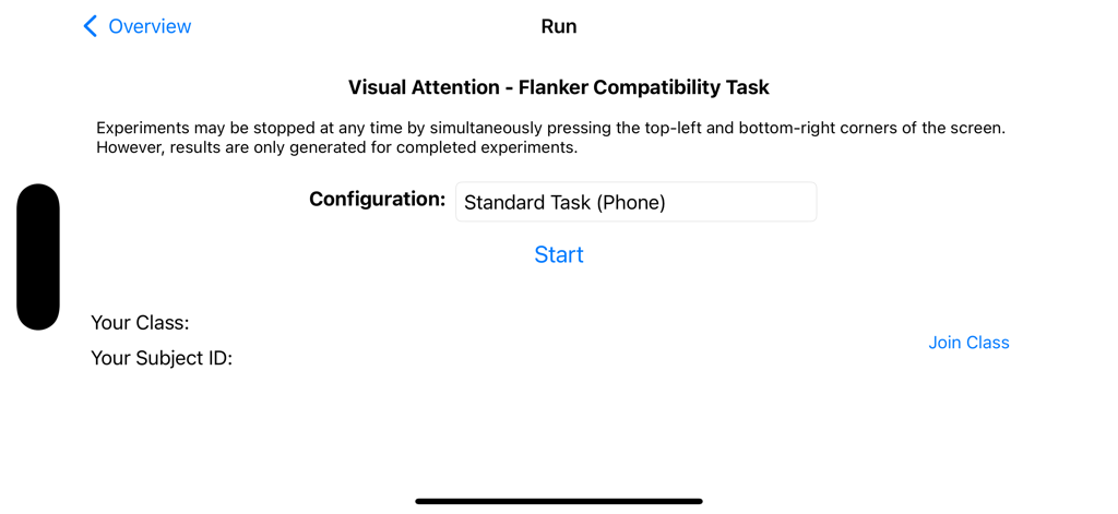 Setup screen for the Flanker Compatibility Task experiment in the Psych Lab 101 app