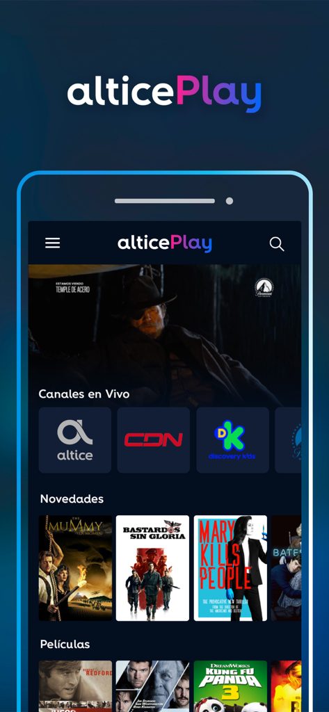 Altice Play App-Oberfläche mit Live-TV-Kanälen und Filmtiteln
