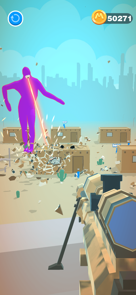 First person view of a sniper rifle aiming at a giant purple monster destroying buildings in Giant Wanted