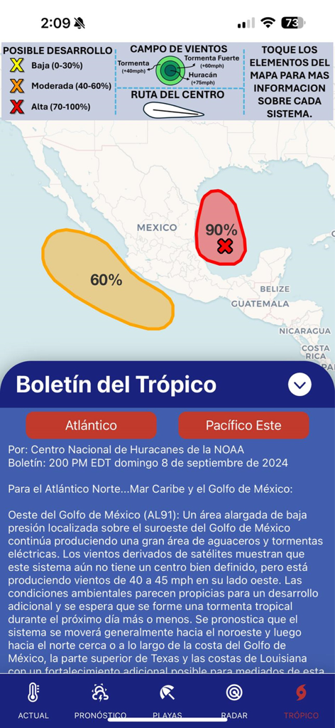 NextWeather: Weather and more! - NextWeather app showing a tropical bulletin with a map highlighting potential storm development zones and probabilities