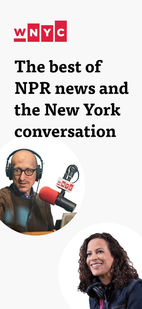 WNYC app promotional image featuring NPR news and radio hosts for the New York conversation.