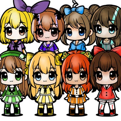seven kawaii manga girls standing side-by-side