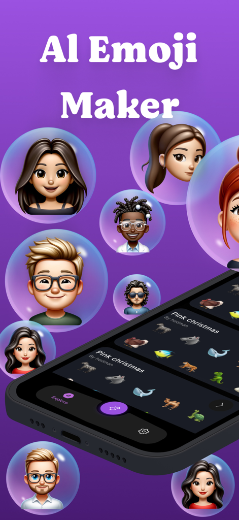 Ai Emojis - Ai Emoji Generator - AI Emoji Maker app displaying custom 3D avatars and animal sticker packs on a mobile phone screen