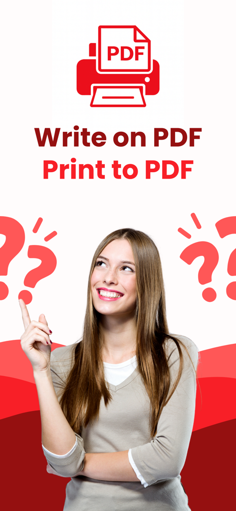 ドキュメント管理について考えている笑顔の女性とプリンターのアイコンが特徴のWrite on PDFアプリのプロモーション画面