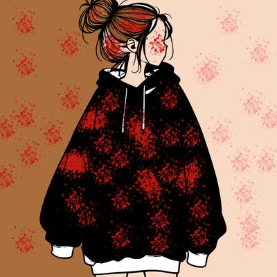 realistic girl with a oversized sweatshirt on and a bun