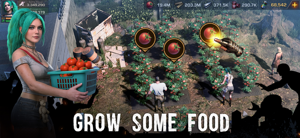 A character with green hair holding a basket of tomatoes in a base garden with the text Grow Some Food