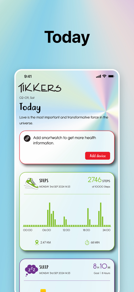 TIKKERS TIME - Panel de la aplicación TIKKERS TIME mostrando el recuento diario de pasos y las métricas de seguimiento del sueño.