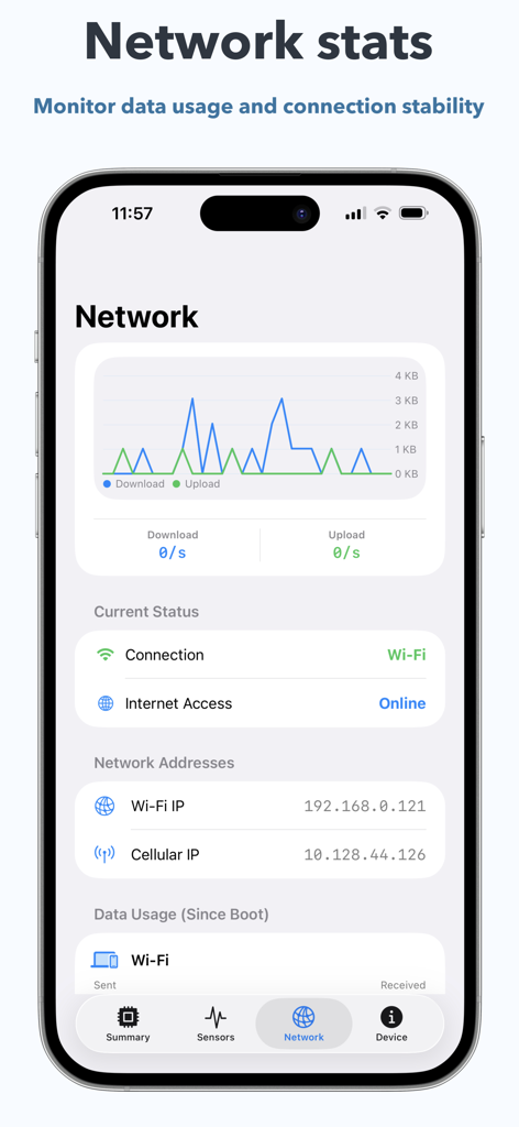 iDevice Monitor - Screenshot of iDevice Monitor app showing network data usage graphs and connection stability metrics on an iPhone