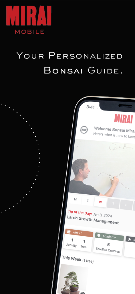 Mirai Mobile - Mirai Mobile Smartphone-App-Oberfläche, die ein lehrreiches Bonsai-Video und personalisierte Baummanagement-Tools anzeigt
