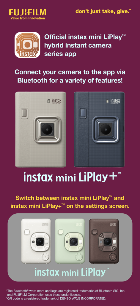 instax mini LiPlay - Official instax mini LiPlay hybrid instant camera series app showing multiple camera models and colors