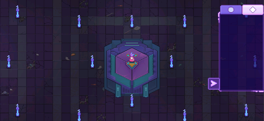 Bioweaver - A top down pixel art scene of a creature on a central hexagonal platform surrounded by blue glowing pillars in a dark laboratory with a side UI menu