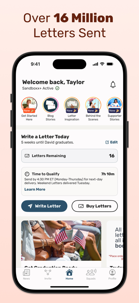 A screenshot of the Sandboxx app home screen showing options to write letters and track basic training progress for a military recruit.