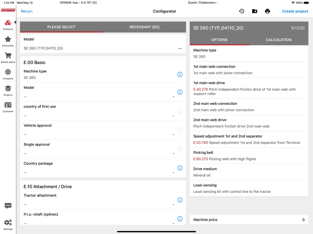 GRIMME - The machine configurator interface in the GRIMME app displaying technical options for an SE 260 harvester