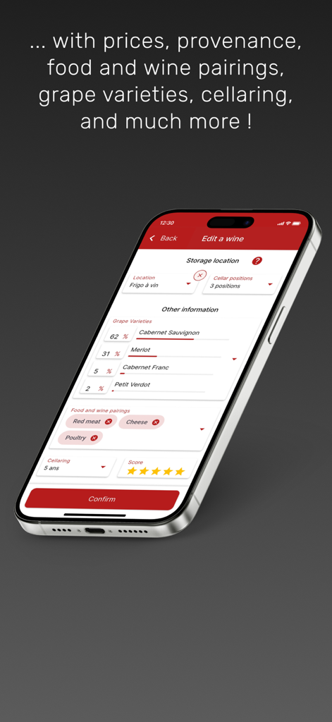 My wines cellar - Detailed wine information screen in the My Wines Cellar app showing grape varieties and food pairings