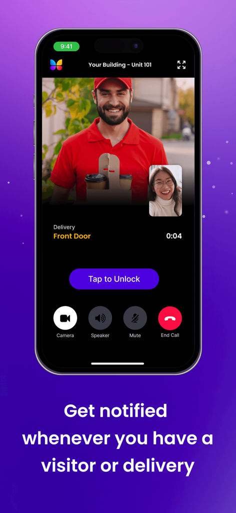 ButterflyMX app showing a video call with a delivery person and a button to unlock the door