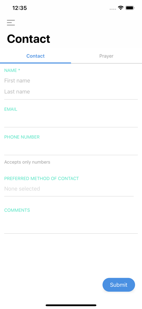 Church by MinistryOne - Contact form within the Church by MinistryOne app for church communication
