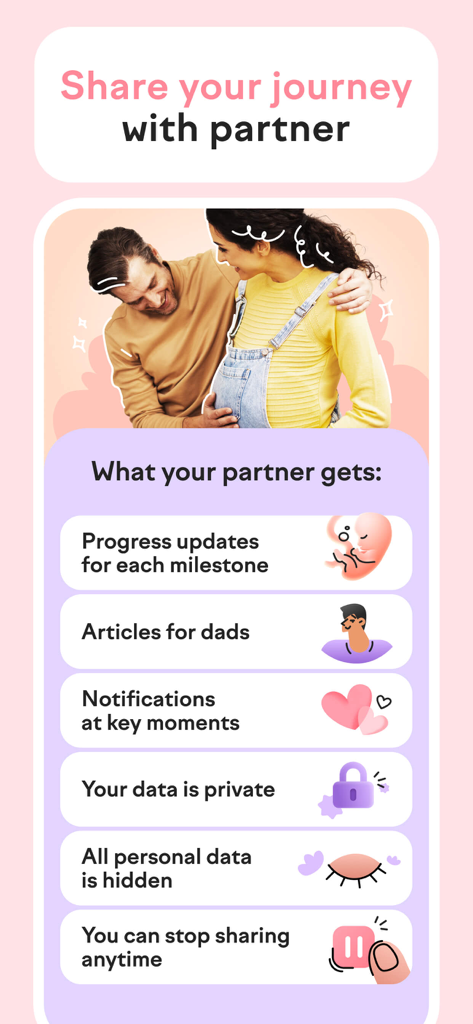 A promotional screen for the Amma app detailing partner mode features including progress updates and articles for dads