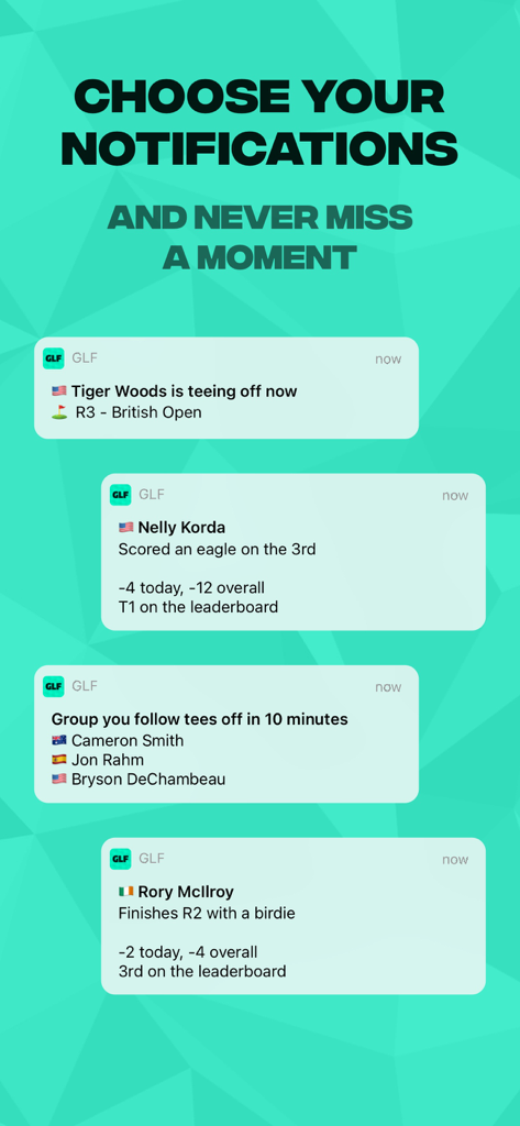 GLF app interface showing push notifications for player tee times and live tournament updates