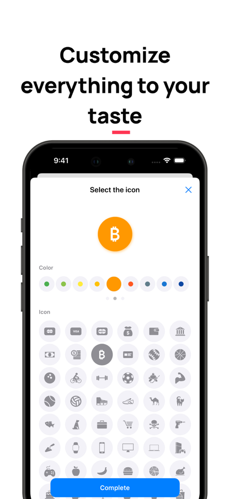 A mobile app interface for selecting and customizing category icons with different symbols and colors