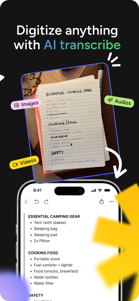 A comparison showing a handwritten camping gear list being converted into a clean digital note in the Evernote app using AI transcription.