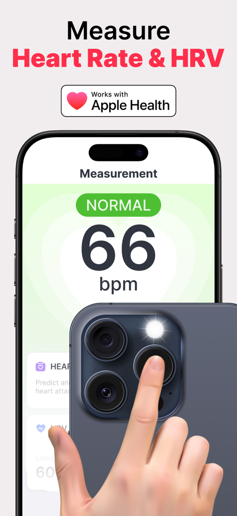 HeartIn app interface showing heart rate measurement using the smartphone camera and flash