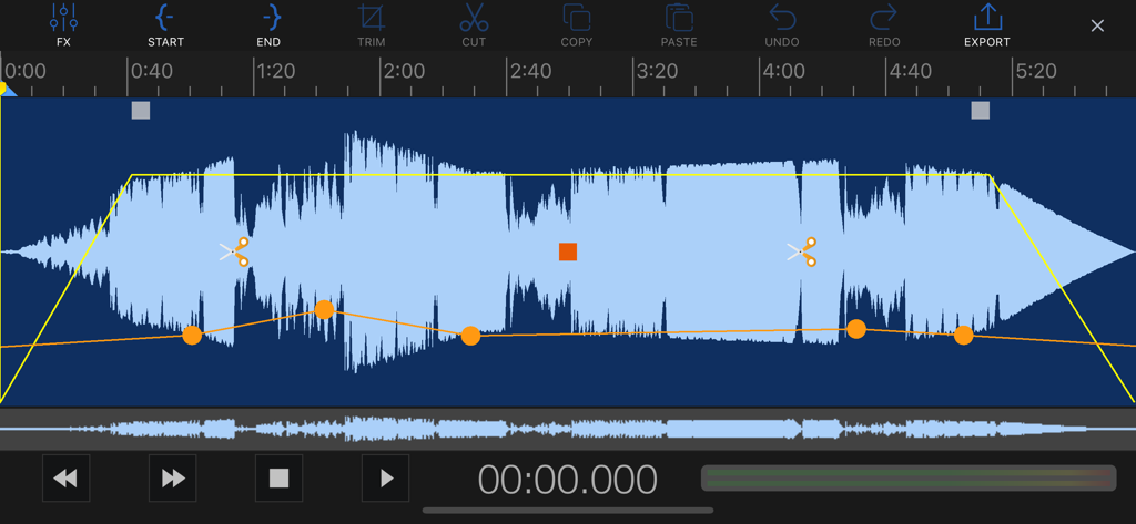 Mobile audio editor interface showing a waveform with professional editing and mixing tools