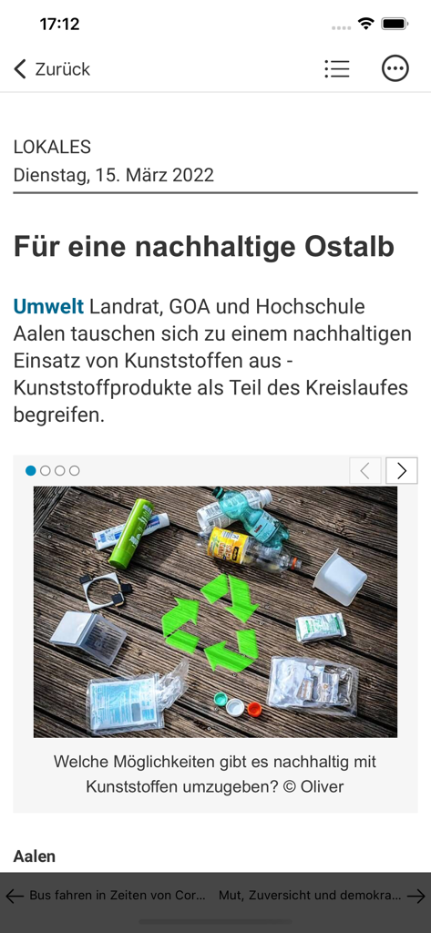 Articolo di notizie locali sulla sostenibilità e il riciclaggio della plastica nell'app mobile Schwaepo e Tagespost