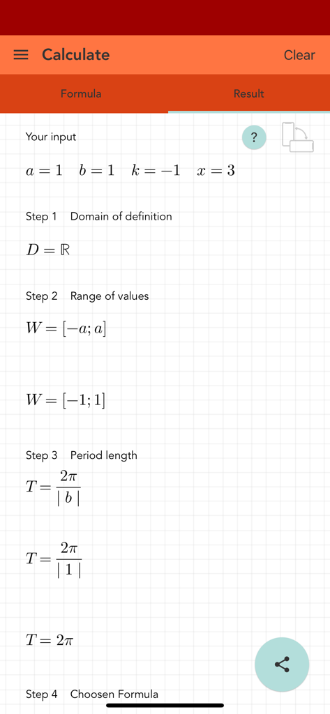 Sine Cosine Tangent PRO - Detailed mathematical steps for trigonometric functions including domain and period length