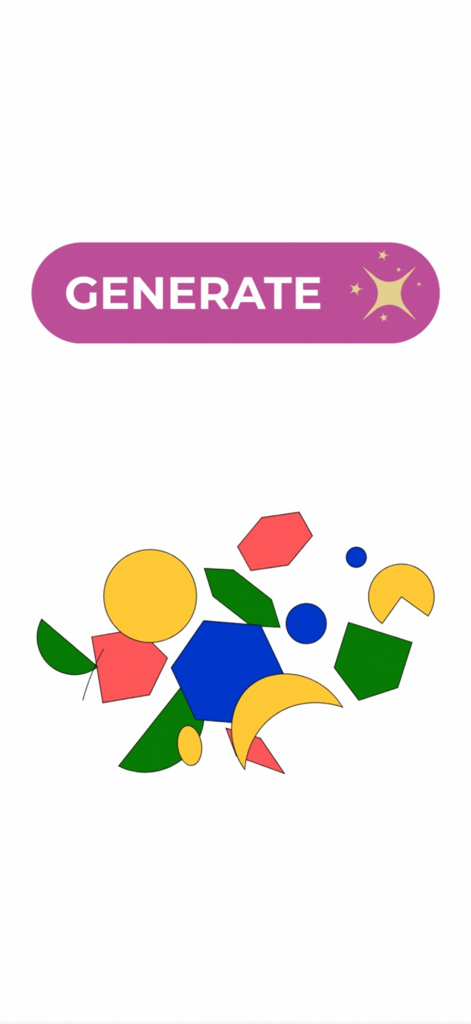 A purple generate button positioned above a cluster of colorful geometric shapes