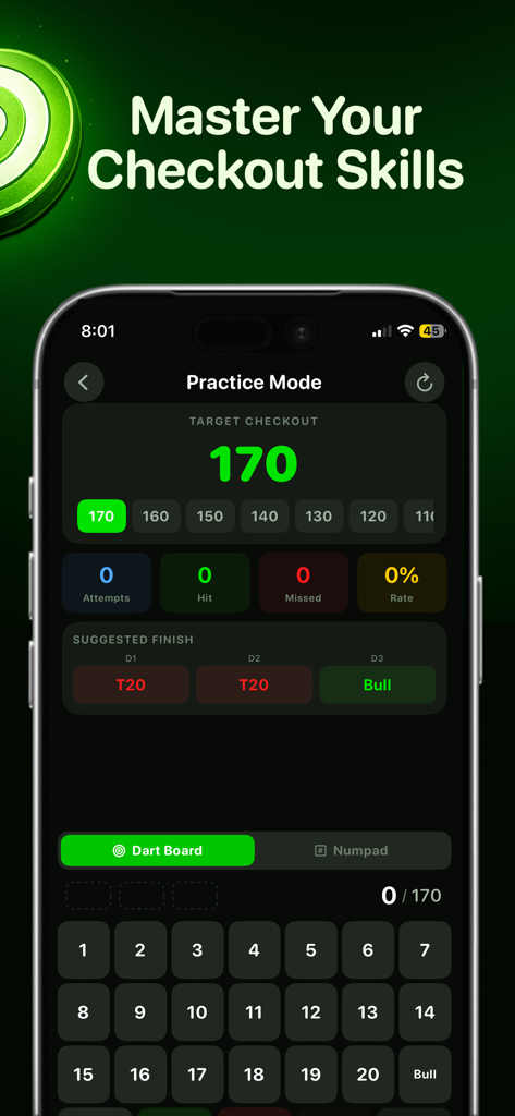 Darts Scoreboard: 501 & 301 - Darts practice mode screen showing a target checkout of 170 with suggested dart finishes and stats tracking