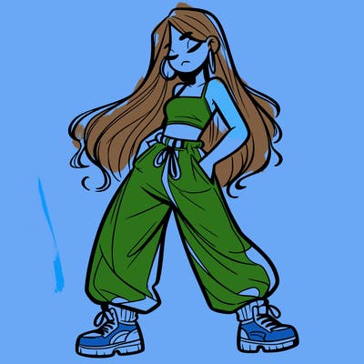 girl in baggy pants crop top and long hair