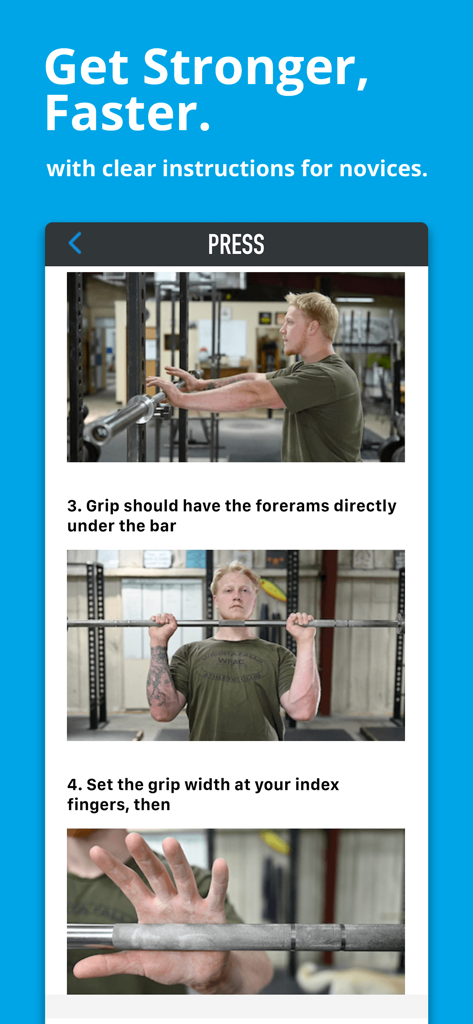 Starting Strength Official - Mobile app screen showing technical step-by-step instructions and photos for the overhead press exercise