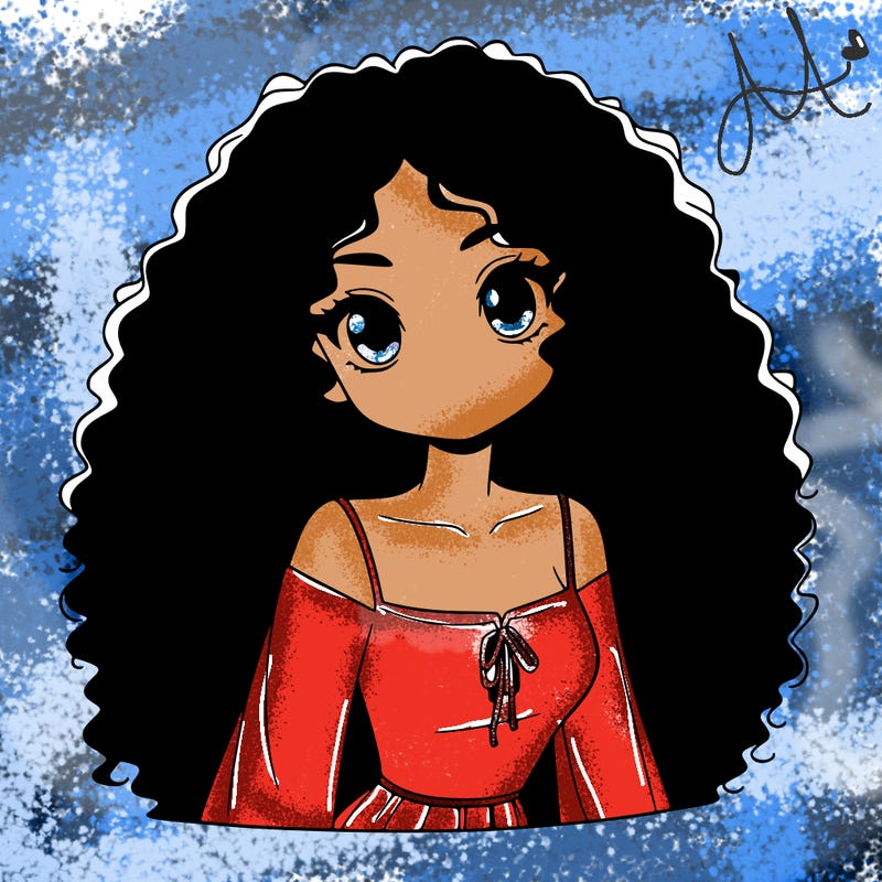 a black anime girl with long afro hair