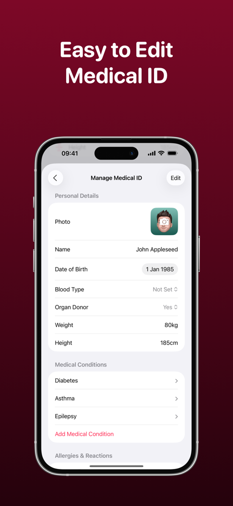 Interface of the MediID app on iPhone showing fields to edit personal medical details like blood type and chronic conditions