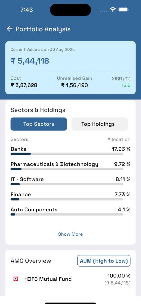 Harmoney - Portfolio analysis dashboard in the Harmoney app showing sector allocation and investment value